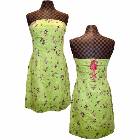 Y2K Green Shoe Print Strapless Corset Dress Sz 10 Clueless Retro Green Pink Vtg - Picture 1 of 11